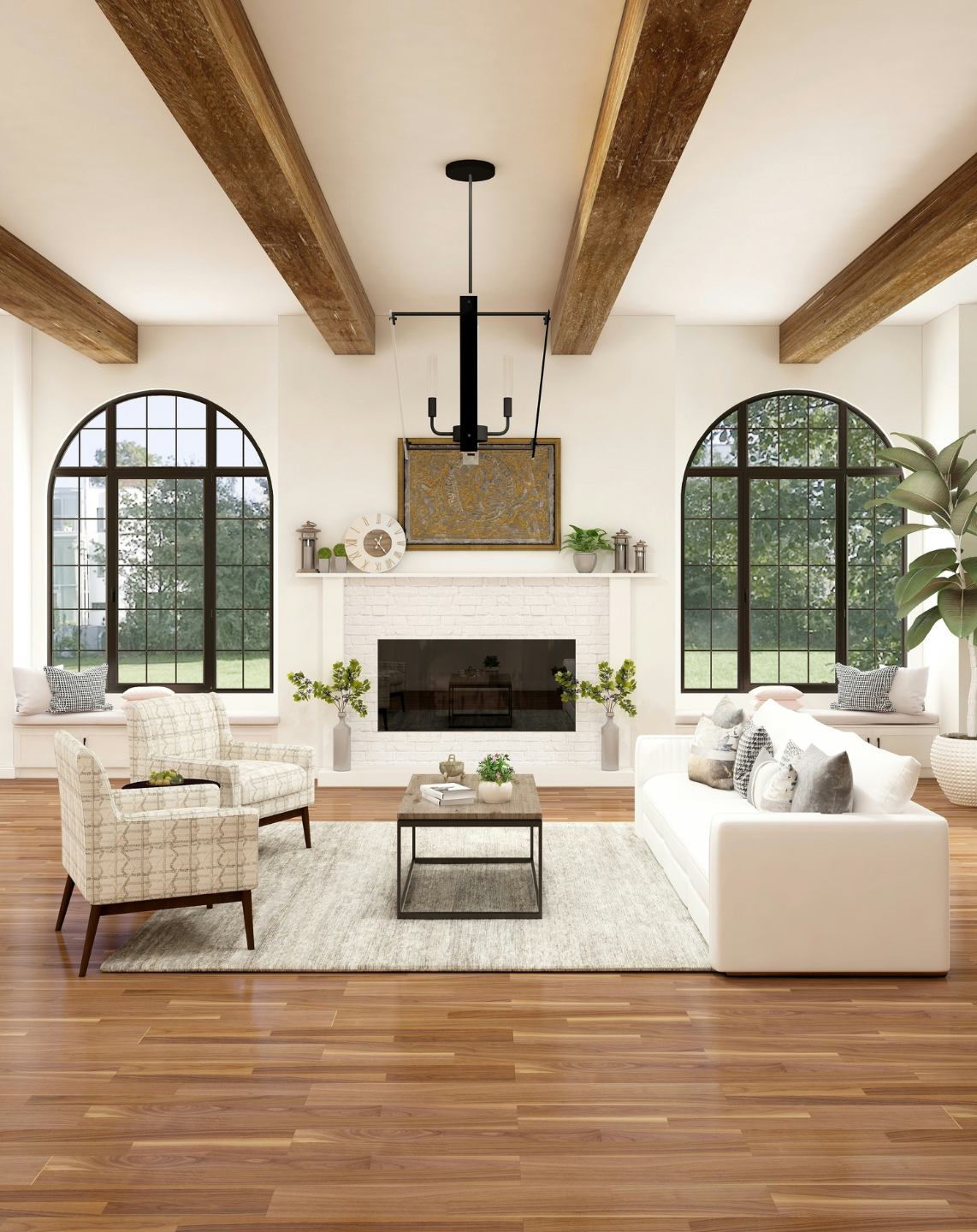 A custom rug laid between two couches in a luxury living room space.